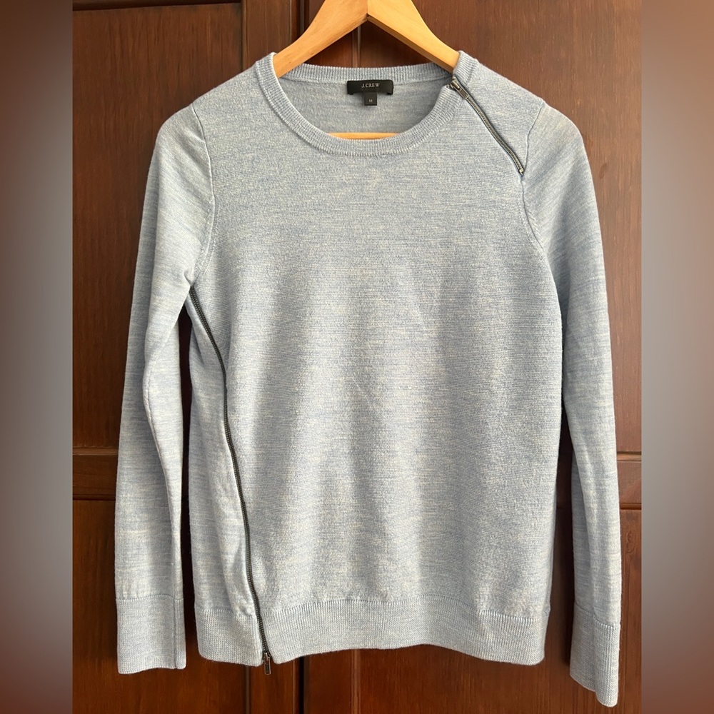 Classic Merino Wool Asymmetrical Zip Sweater Heather Blue Crewneck Size M
